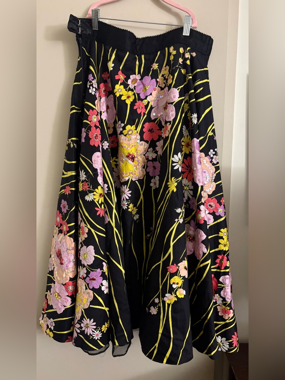 Floral Black Maxi Skirt with Pink & Yellow Blooms